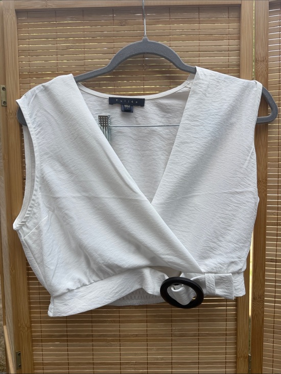 Tularosa Tops - Tularosa White Wrap Crop Top with Black Buckle